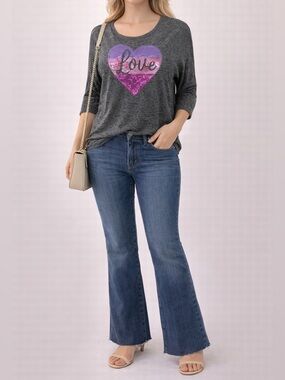 AVA JAMES Sequin Love Heart Top Women’s 3/4 Sleeve Gray Knit Shirt Size Large